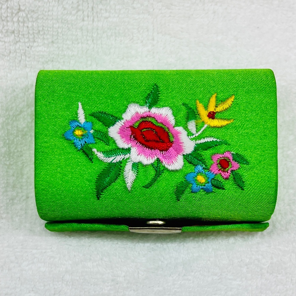 Vintage Green Flower Embroidery Asian Mirror Storage Compact
